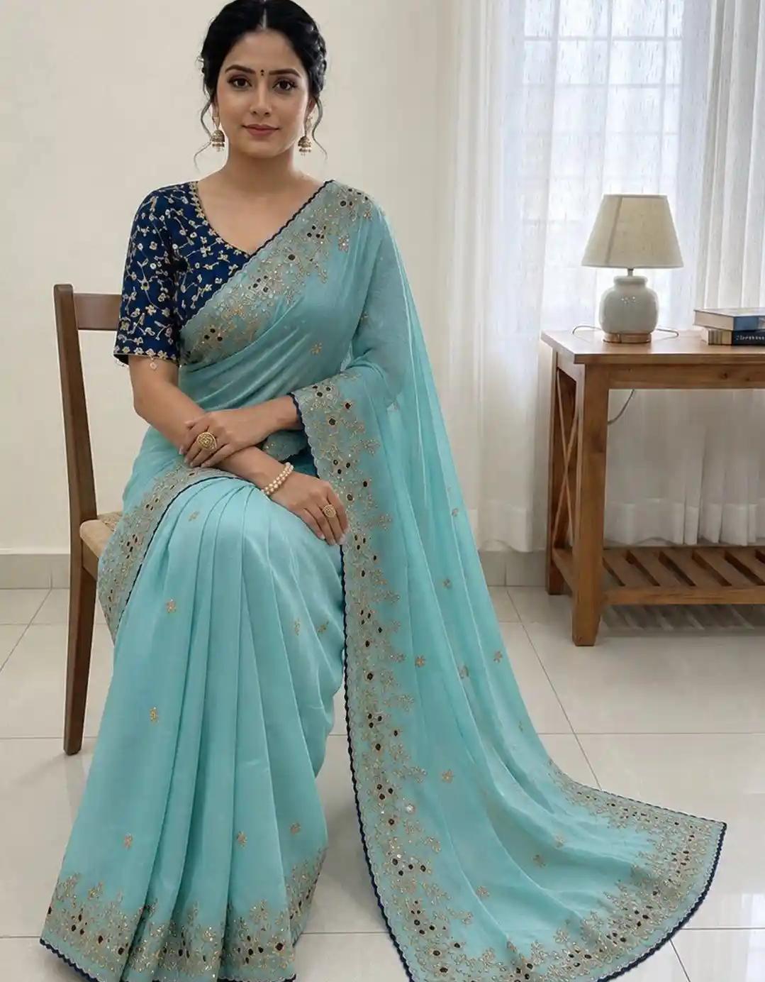 Powder Blue Georgette Saree with Fine Silver Floral Jaal and Scalloped Border