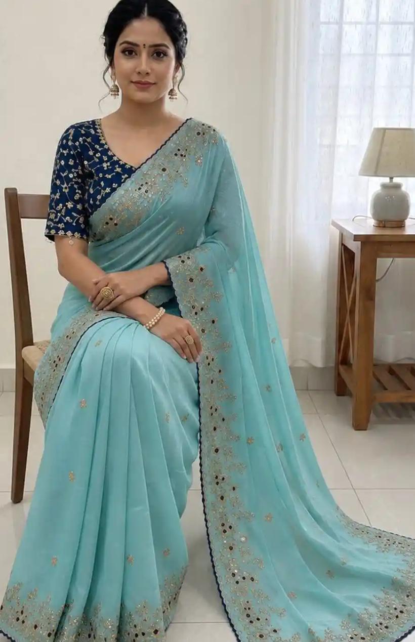 Powder Blue Georgette Saree with Fine Silver Floral Jaal and Scalloped Border