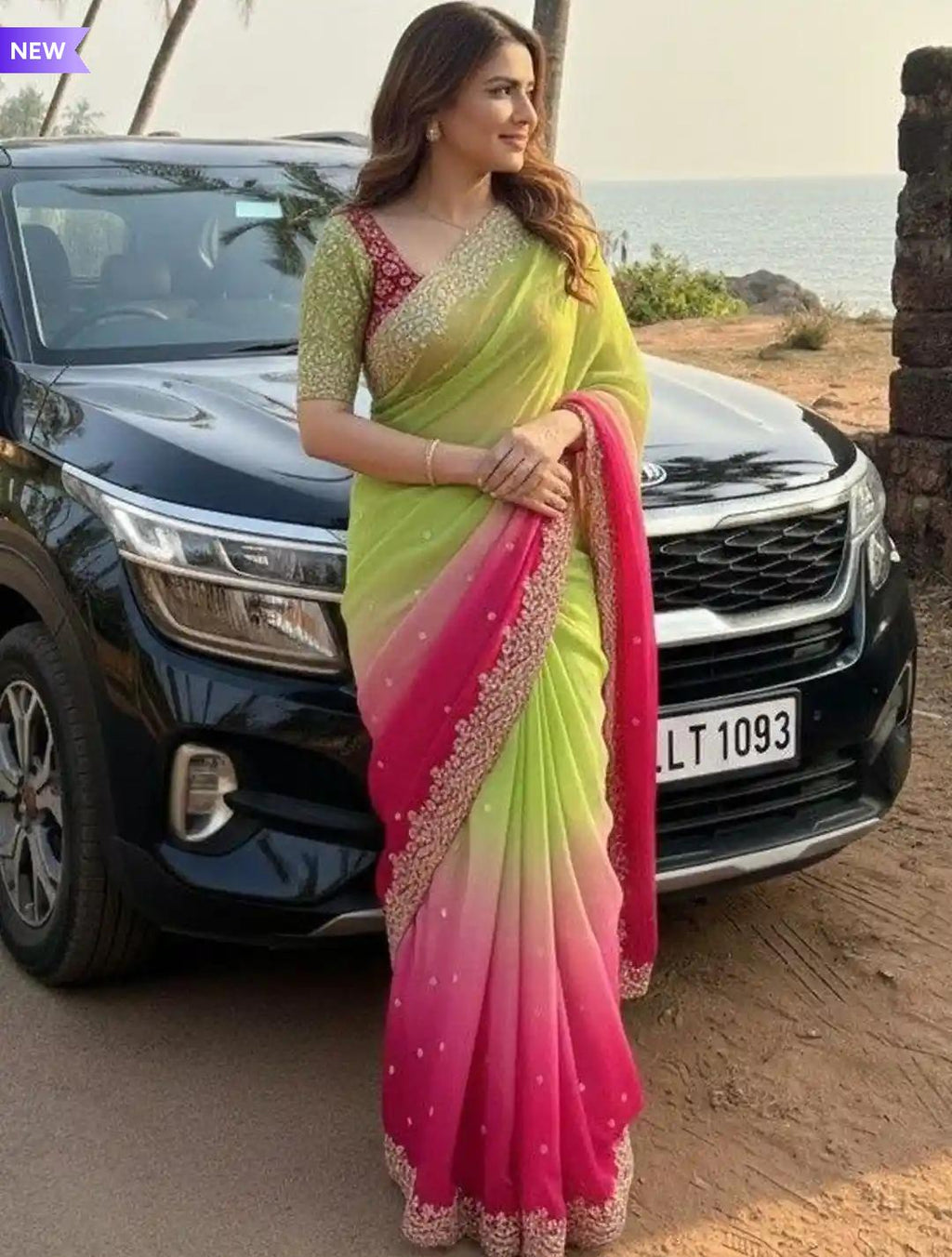 Ombré Lime Green to Fuchsia Pink Chiffon Saree with Ornate Scalloped Zardosi Border