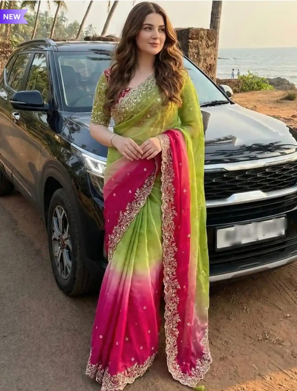 Ombré Lime Green to Fuchsia Pink Chiffon Saree with Ornate Scalloped Zardosi Border