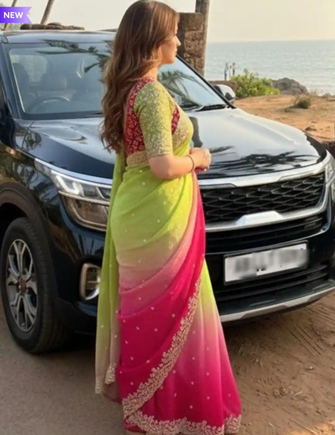 Ombré Lime Green to Fuchsia Pink Chiffon Saree with Ornate Scalloped Zardosi Border