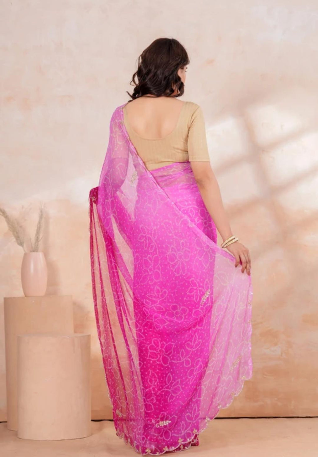 Baby Pink Net Saari With Golden Border Embroidery