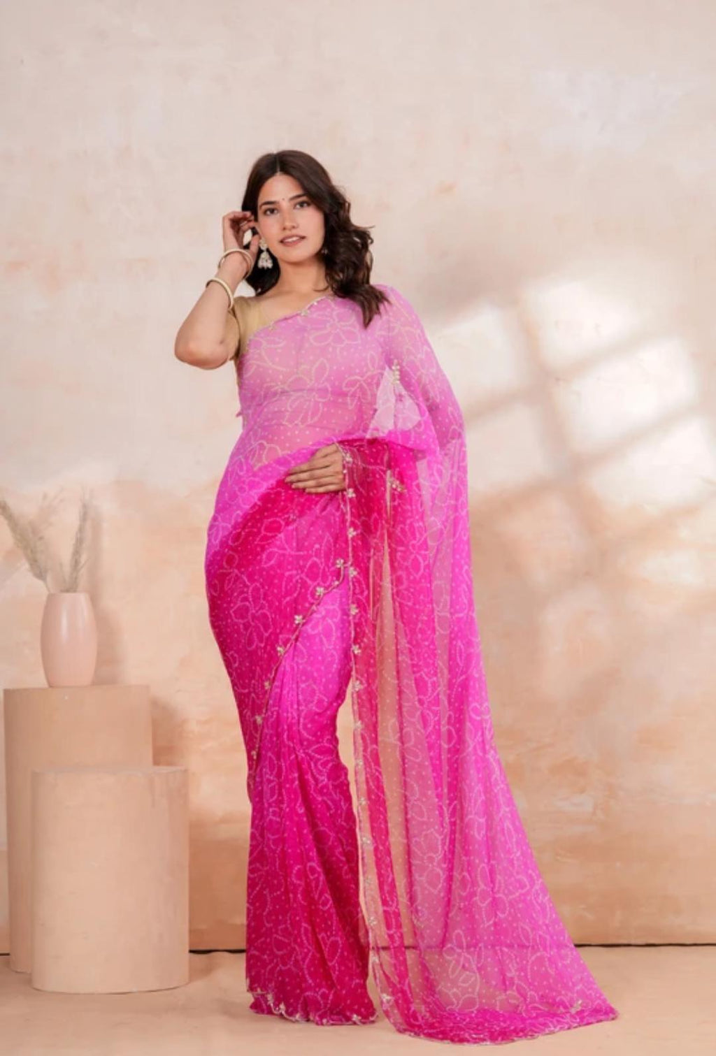 Baby Pink Net Saari With Golden Border Embroidery