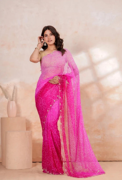 Baby Pink Net Saari With Golden Border Embroidery