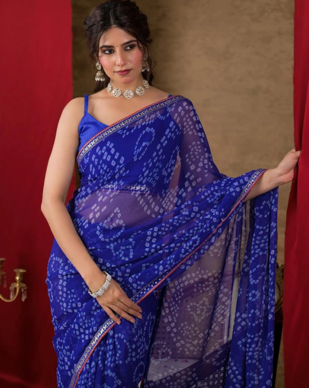 Deep Blue Net Saari With Golden Shiny Border