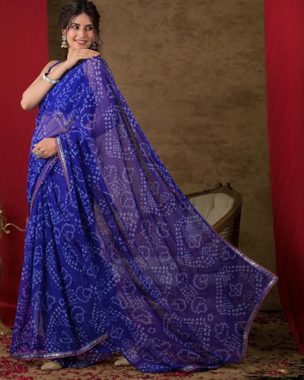 Deep Blue Net Saari With Golden Shiny Border