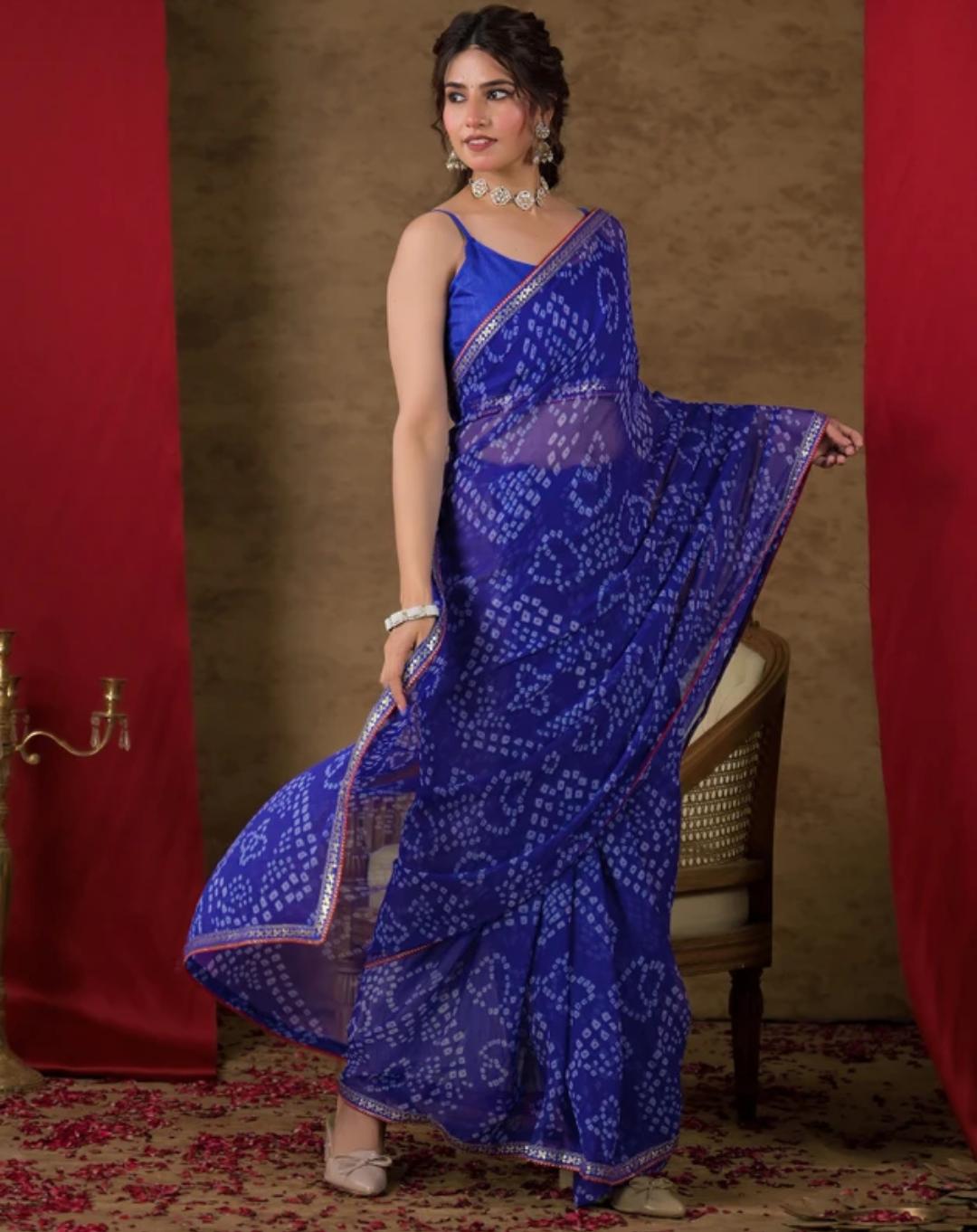 Deep Blue Net Saari With Golden Shiny Border