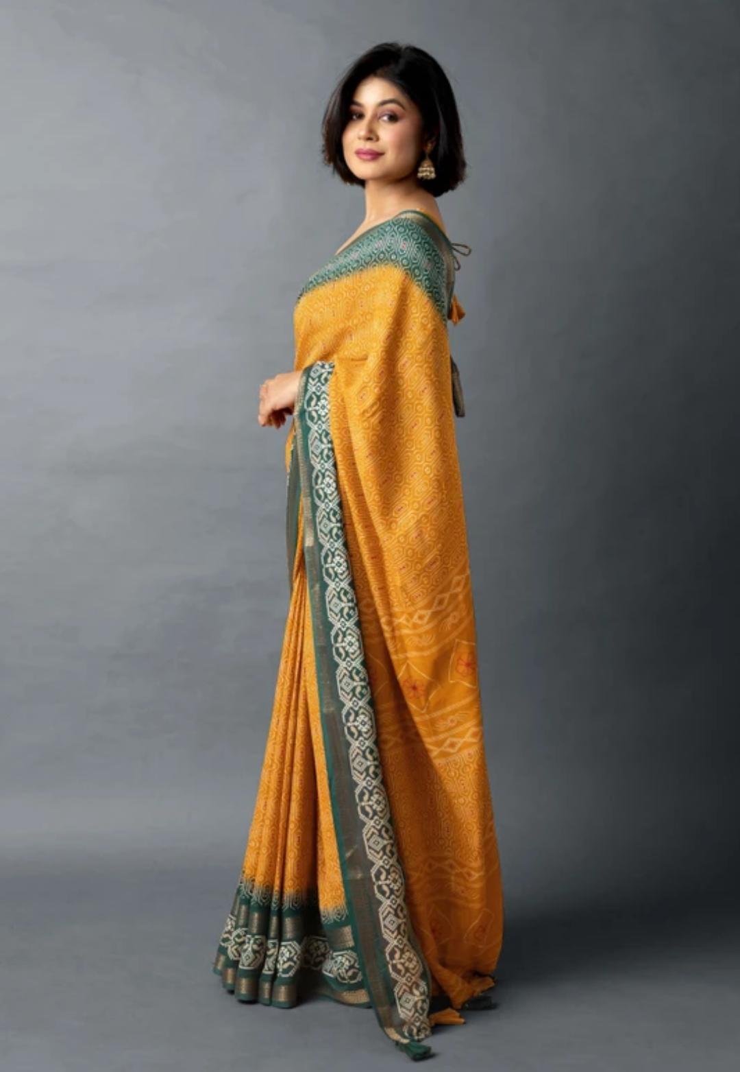 Yellow Organza Silk Sequin Saree With Green Border