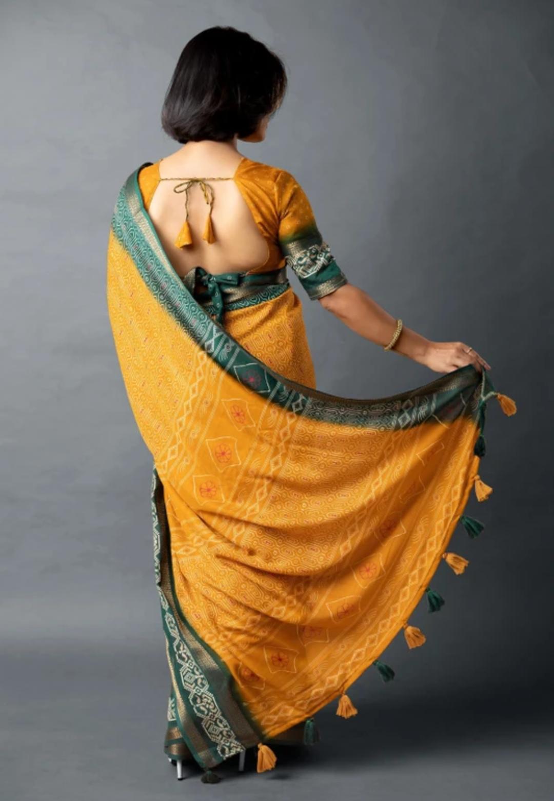 Yellow Organza Silk Sequin Saree With Green Border