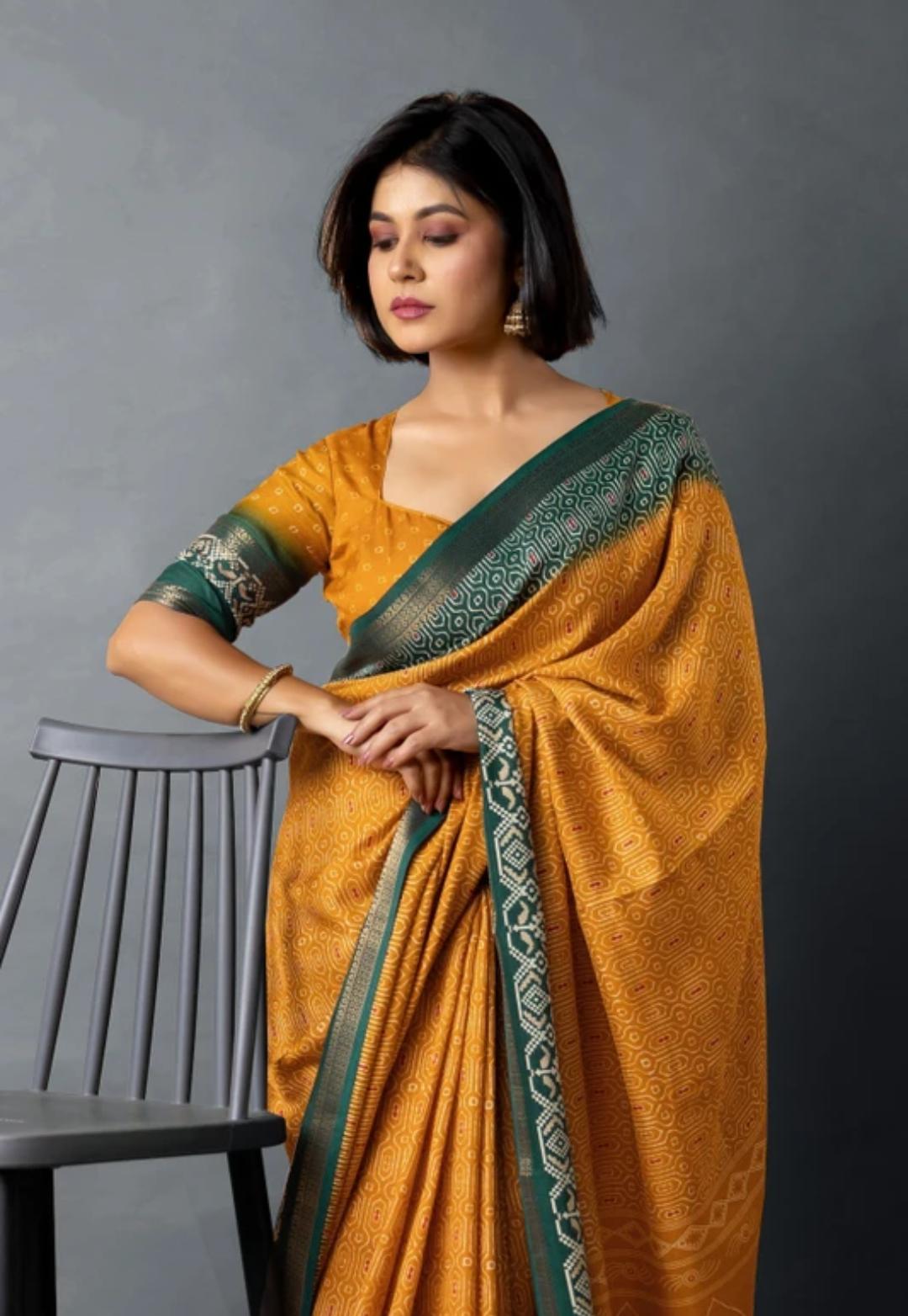 Yellow Organza Silk Sequin Saree With Green Border