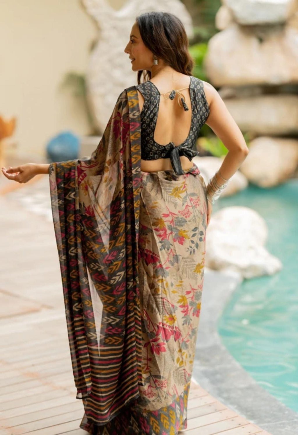 Basic Brown Color Saari With Green Color Blouse