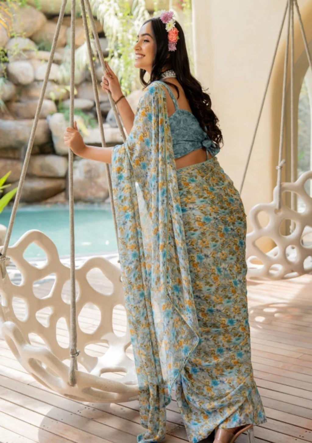 Multicolor Doted White Saari With Sky Blue Blouse