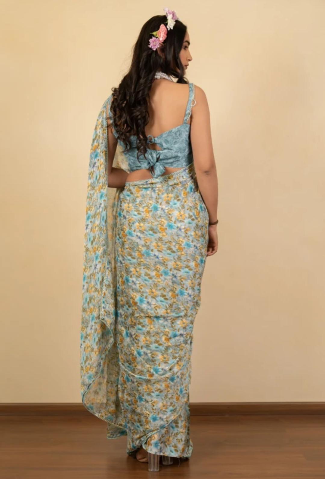 Multicolor Doted White Saari With Sky Blue Blouse