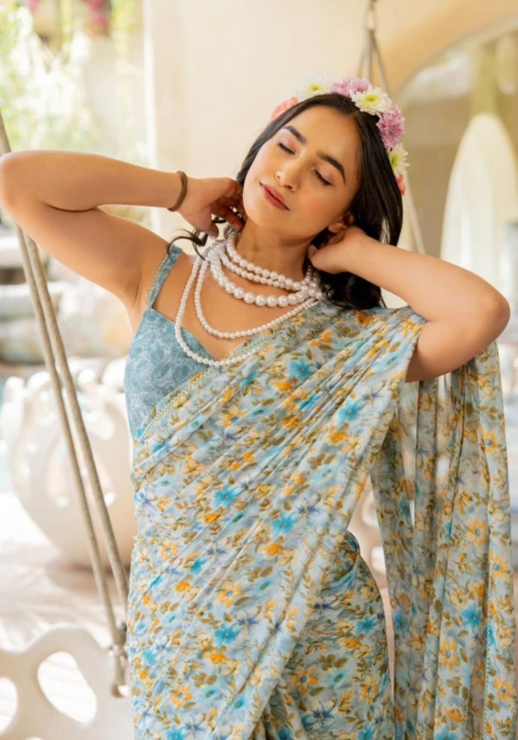 Multicolor Doted White Saari With Sky Blue Blouse