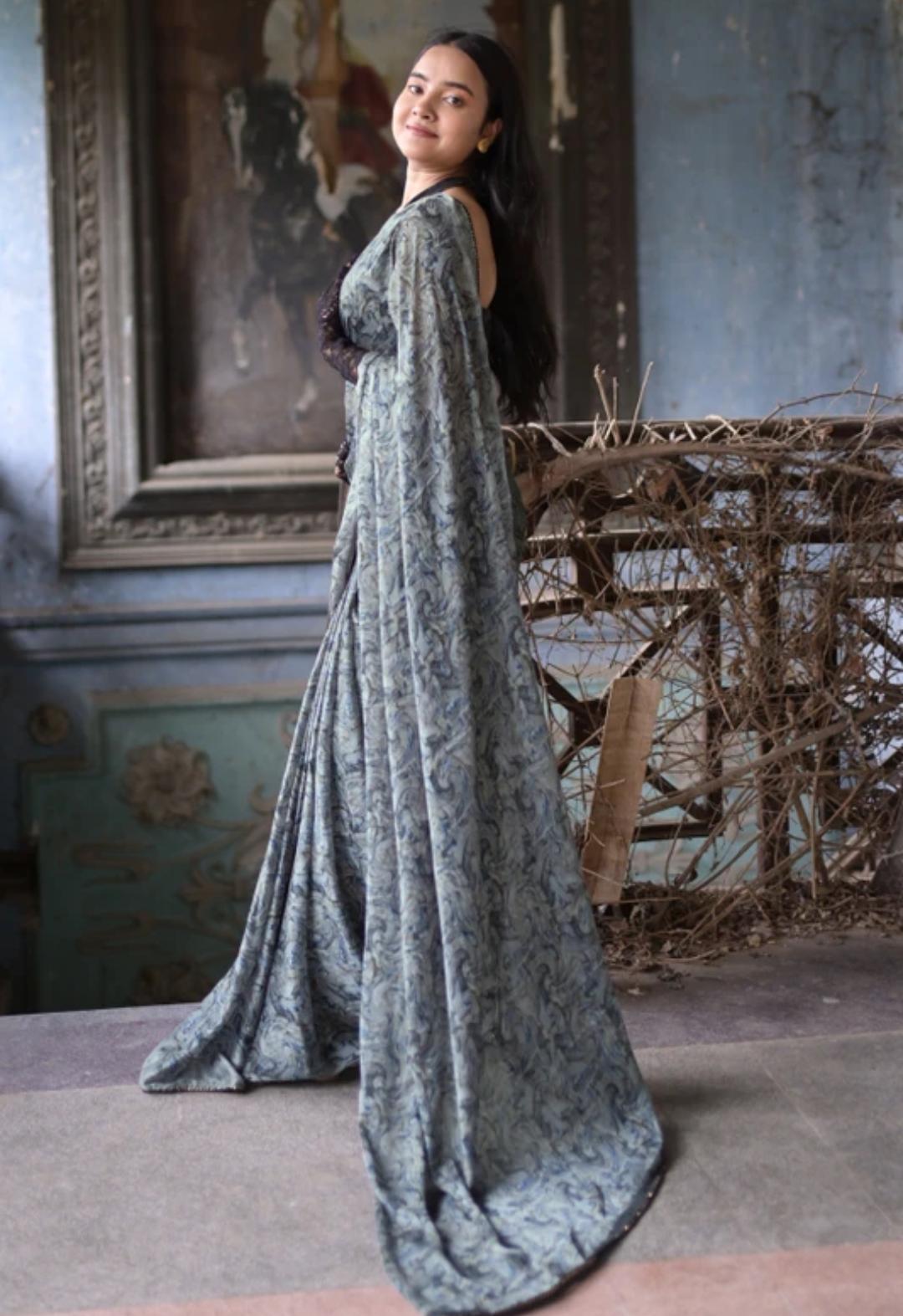 Midnight Blue Organza Silk Shimmer Saree