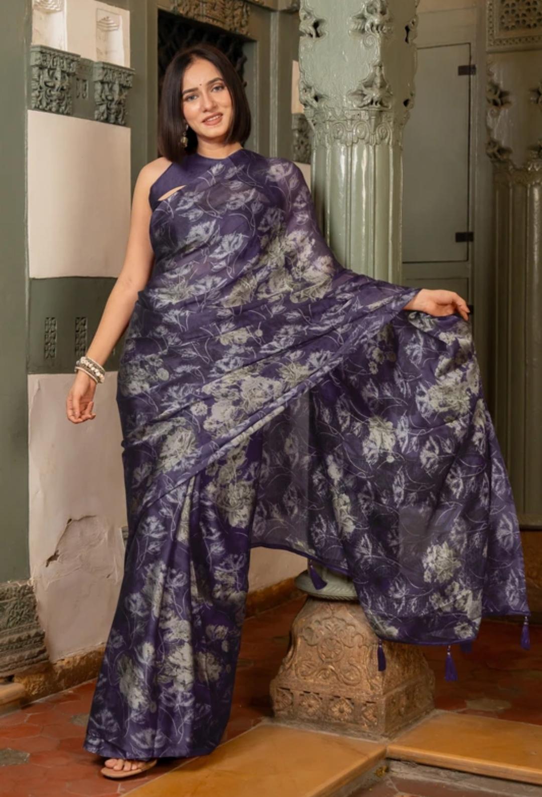 Basic Purple Saree with Scalloped Embroidered