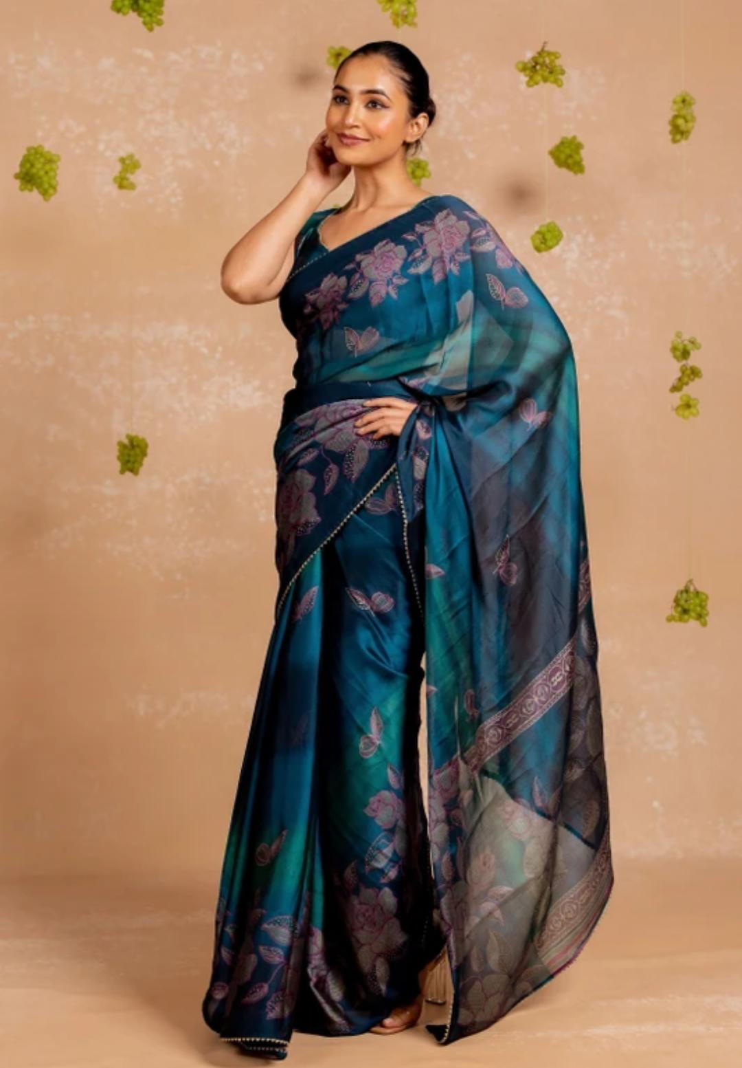 Blue Silk Saari With Purple Crafted Border