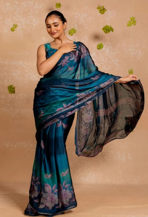 Blue Silk Saari With Purple Crafted Border