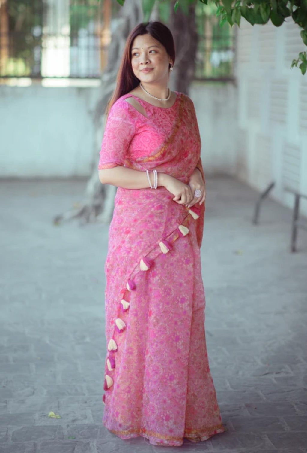 Rose Pink Saari With Backless Blouse Desgin