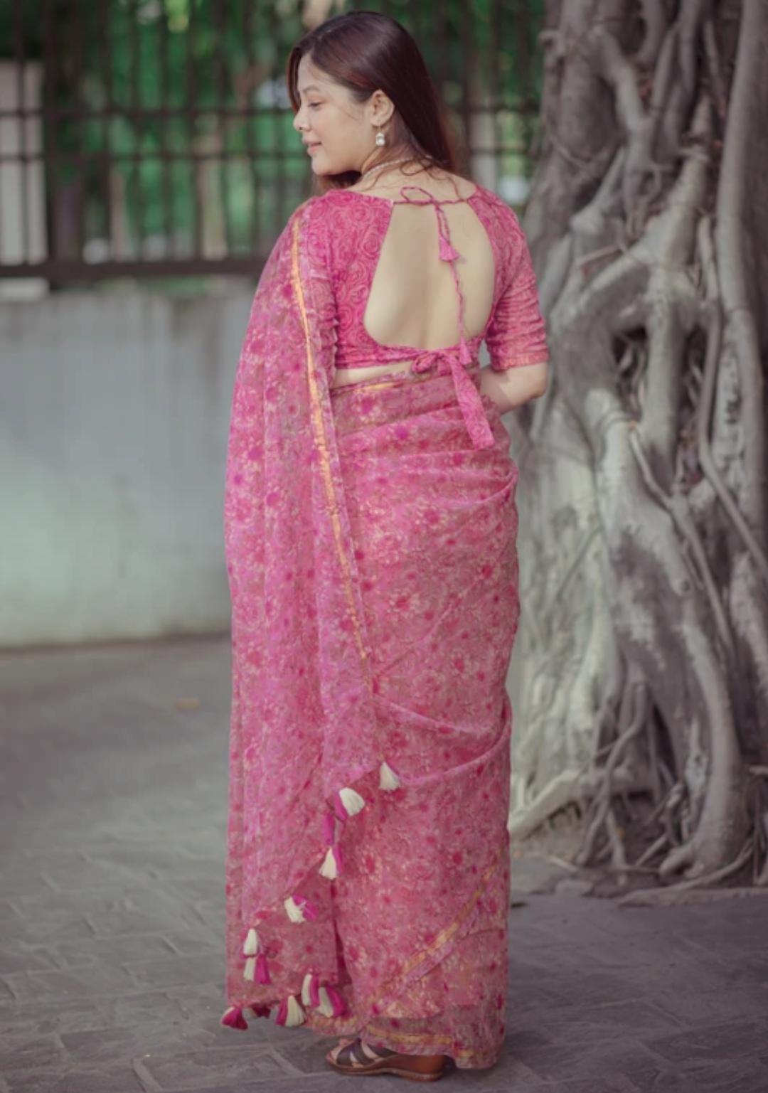 Rose Pink Saari With Backless Blouse Desgin