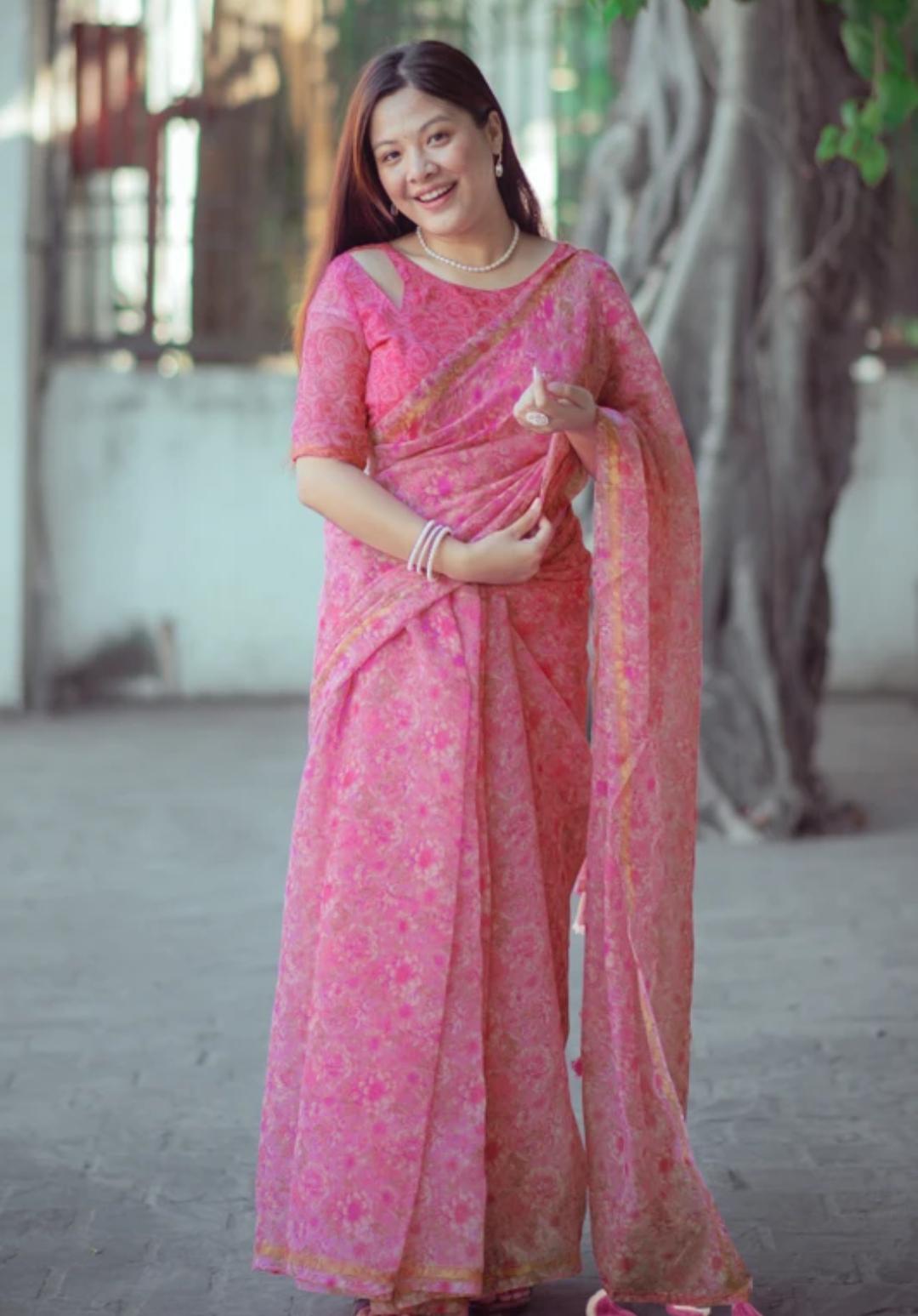 Rose Pink Saari With Backless Blouse Desgin