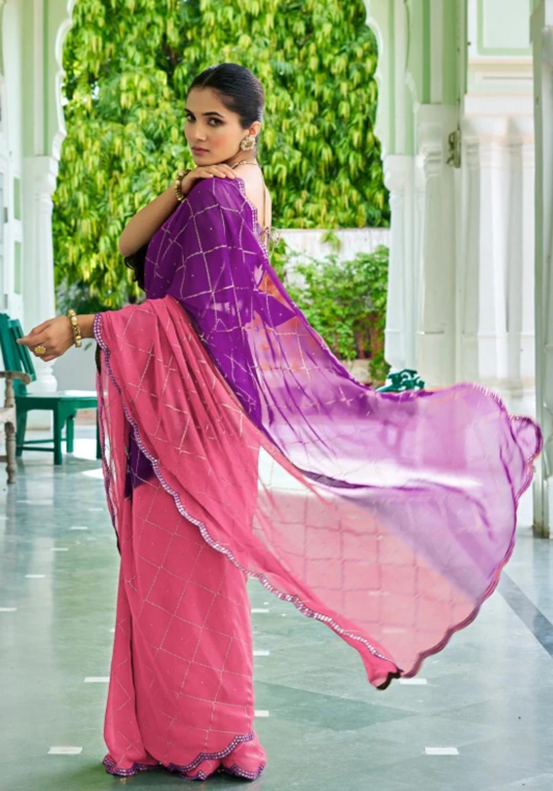 Hlaf Purple Hlaf Pink Saari With Purple Blouse