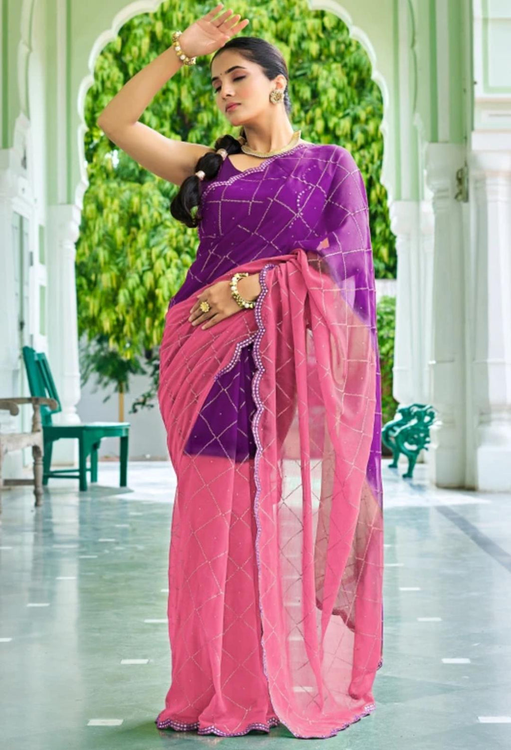 Hlaf Purple Hlaf Pink Saari With Purple Blouse