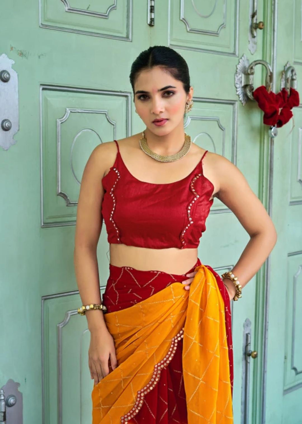 Half Yellow Half Red Basic Saari With Red Blouse