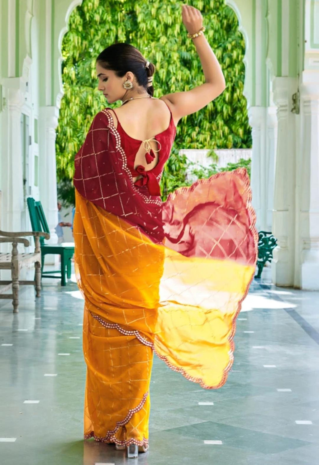 Half Yellow Half Red Basic Saari With Red Blouse