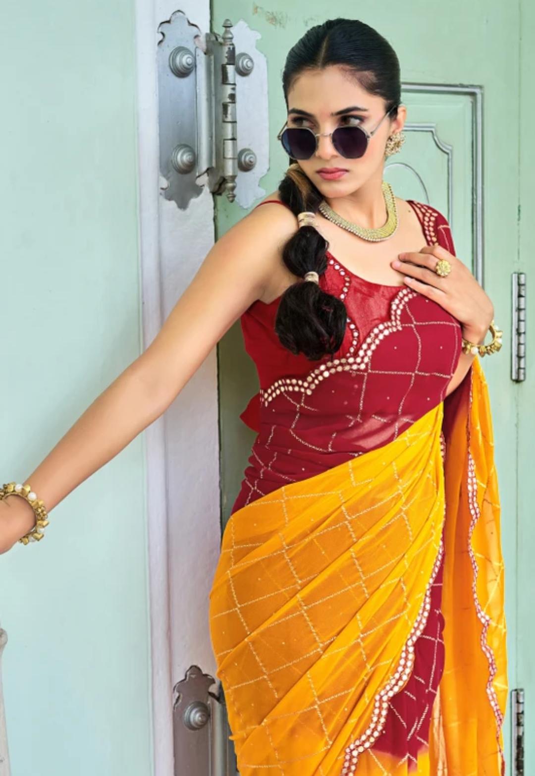 Half Yellow Half Red Basic Saari With Red Blouse