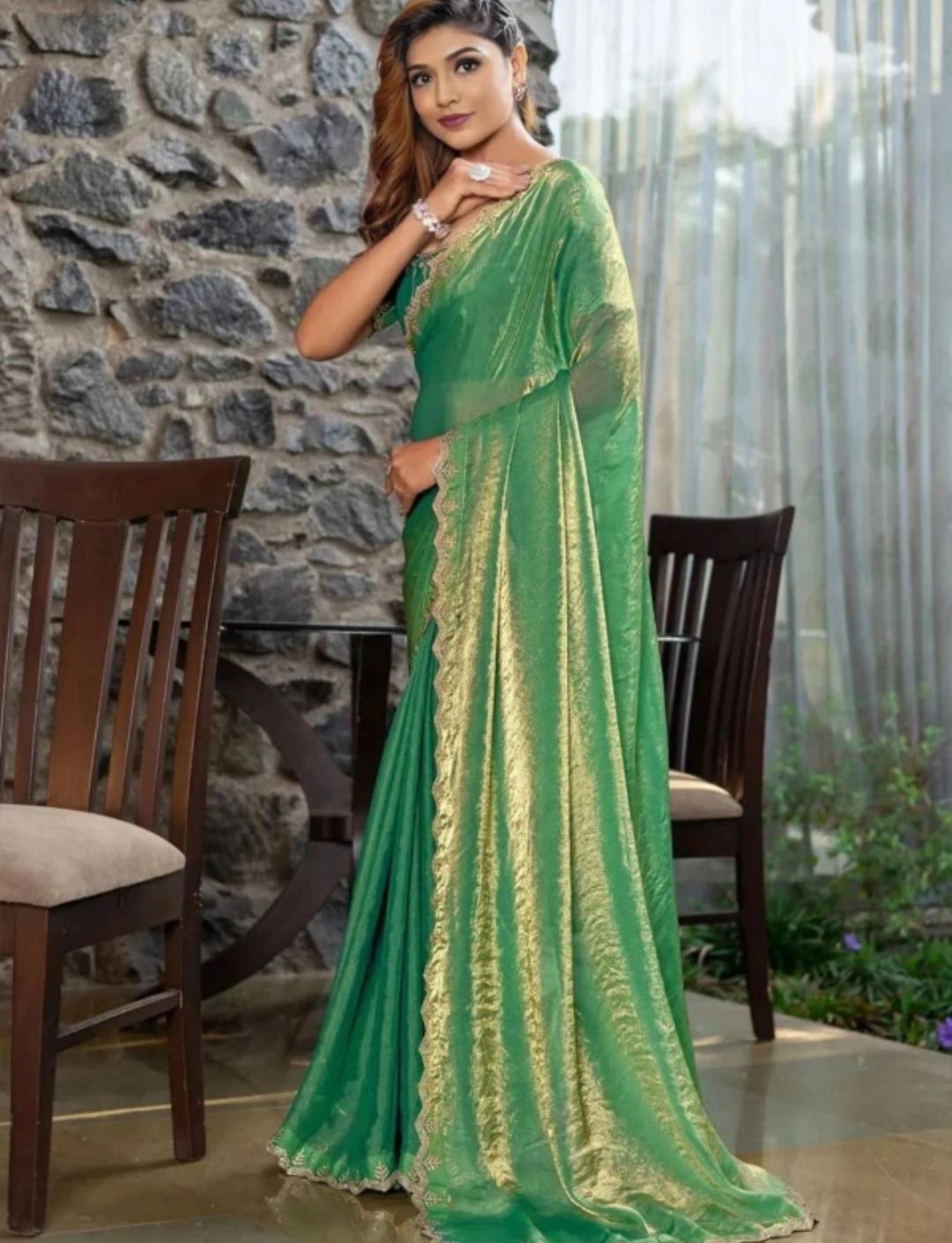 Green Organza Silk Shimmer Saree with Premium Gota-Zari Trim