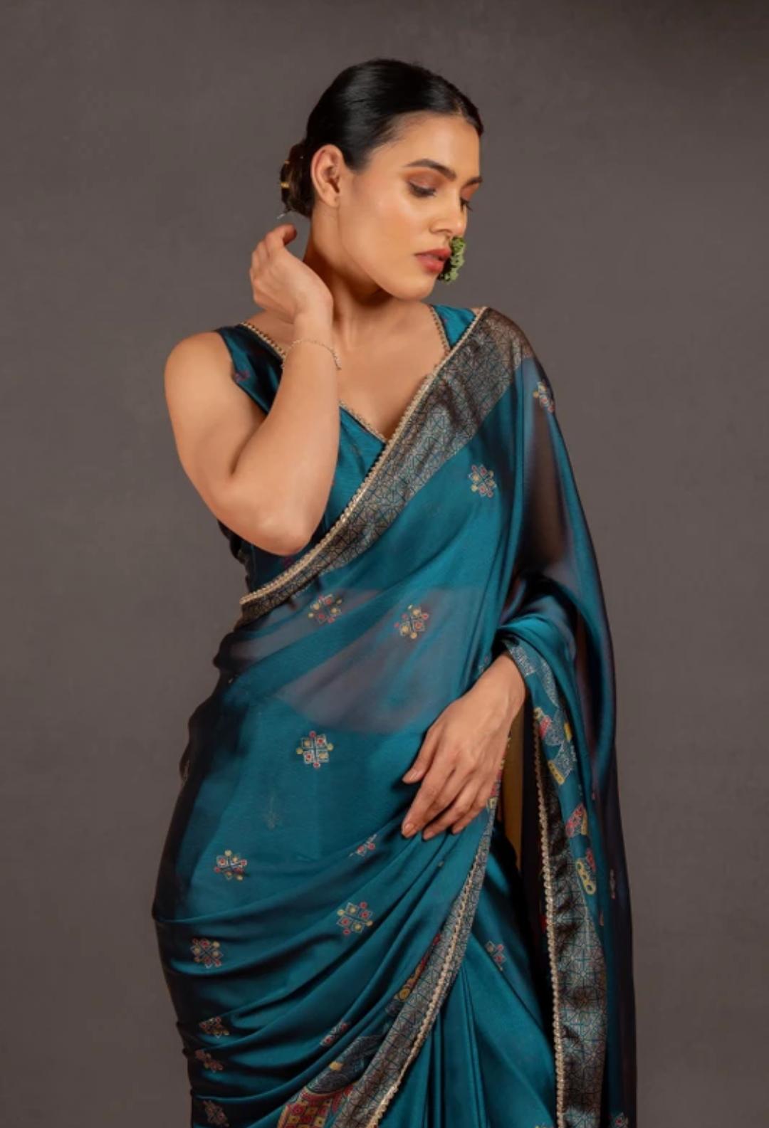 Midnight Blue Organza Saree with Intricate Purple Embroidered Border