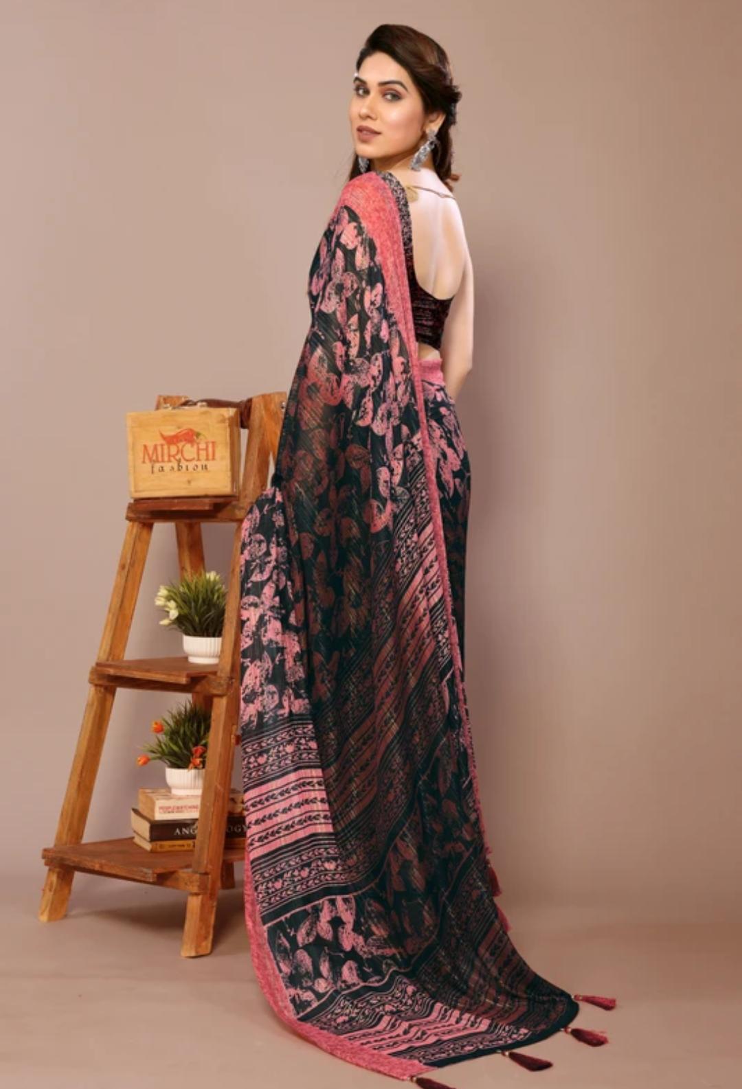 Black & Pink Saari With Pink Embroidery Border