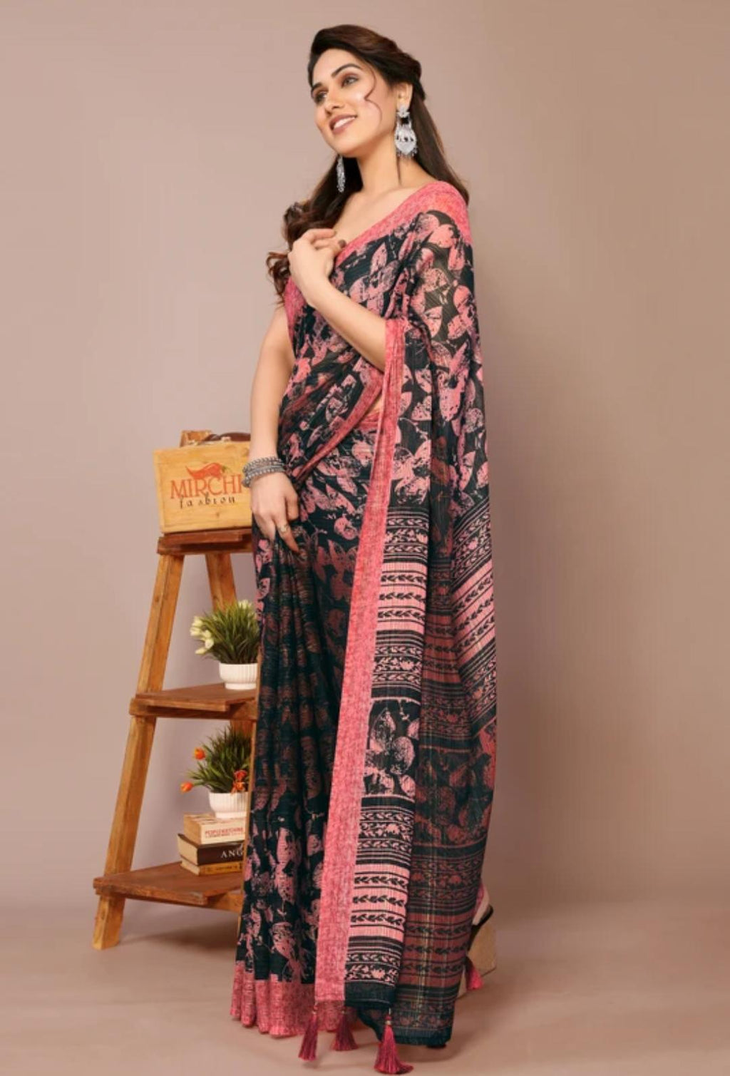 Black & Pink Saari With Pink Embroidery Border