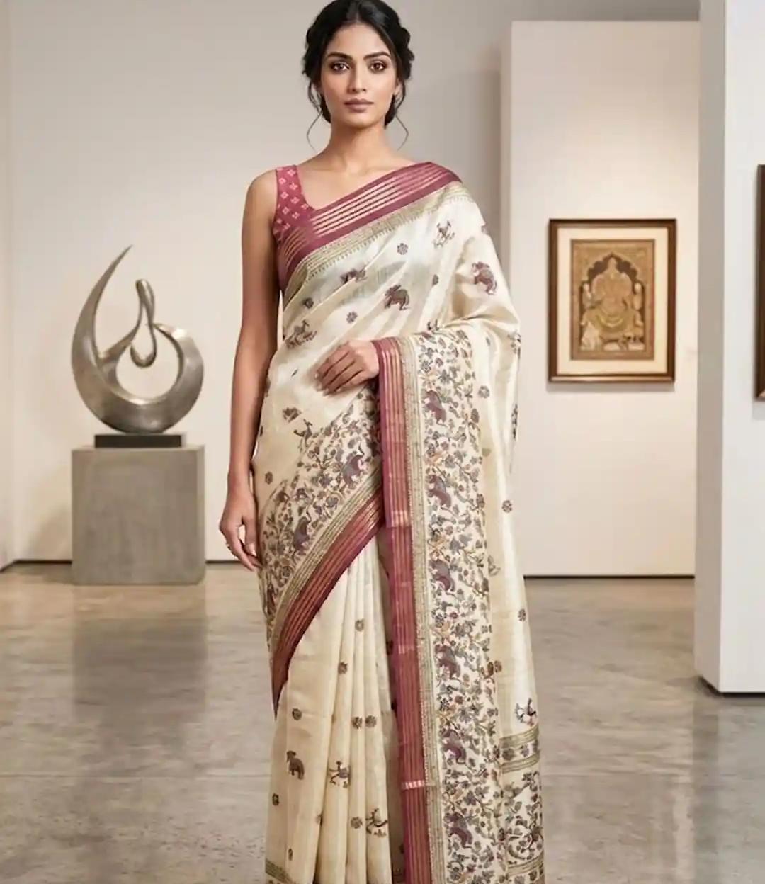 White Embroidery With Pink Border Saari