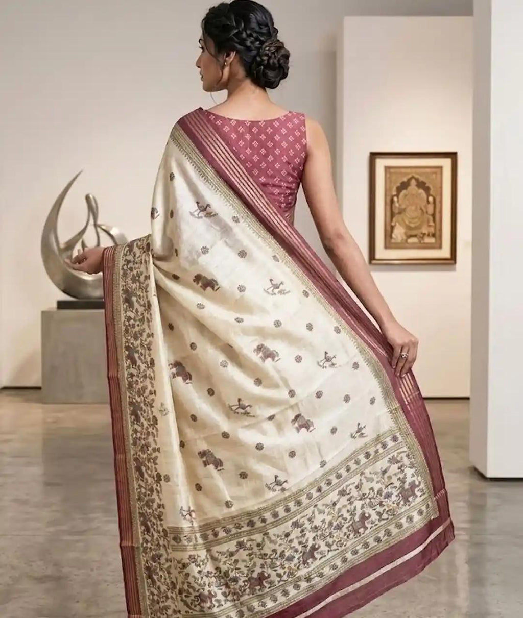 White Embroidery With Pink Border Saari