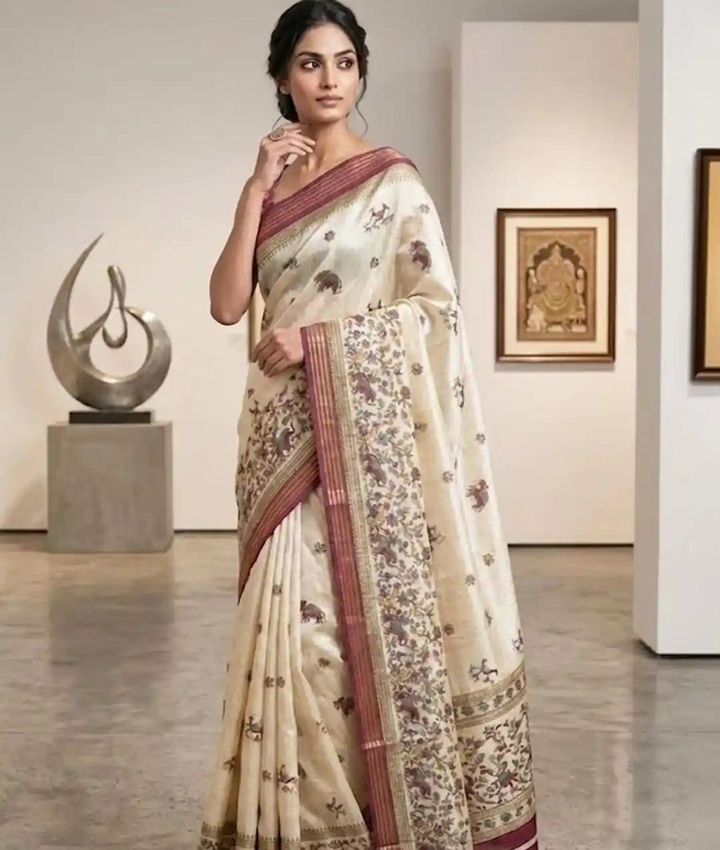 White Embroidery With Pink Border Saari