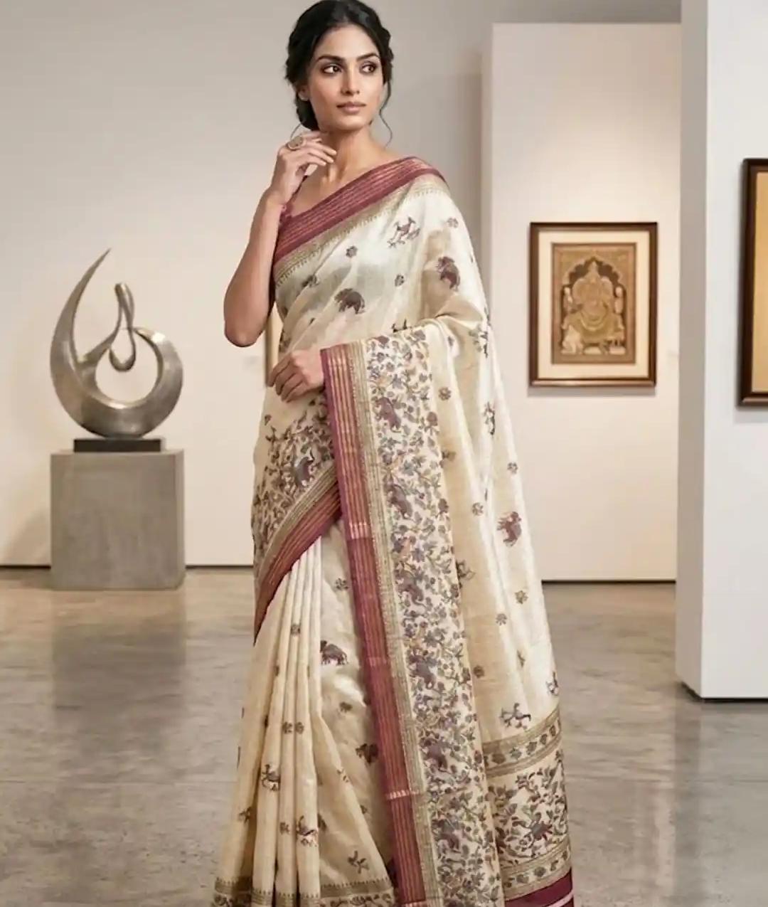 White Embroidery With Pink Border Saari