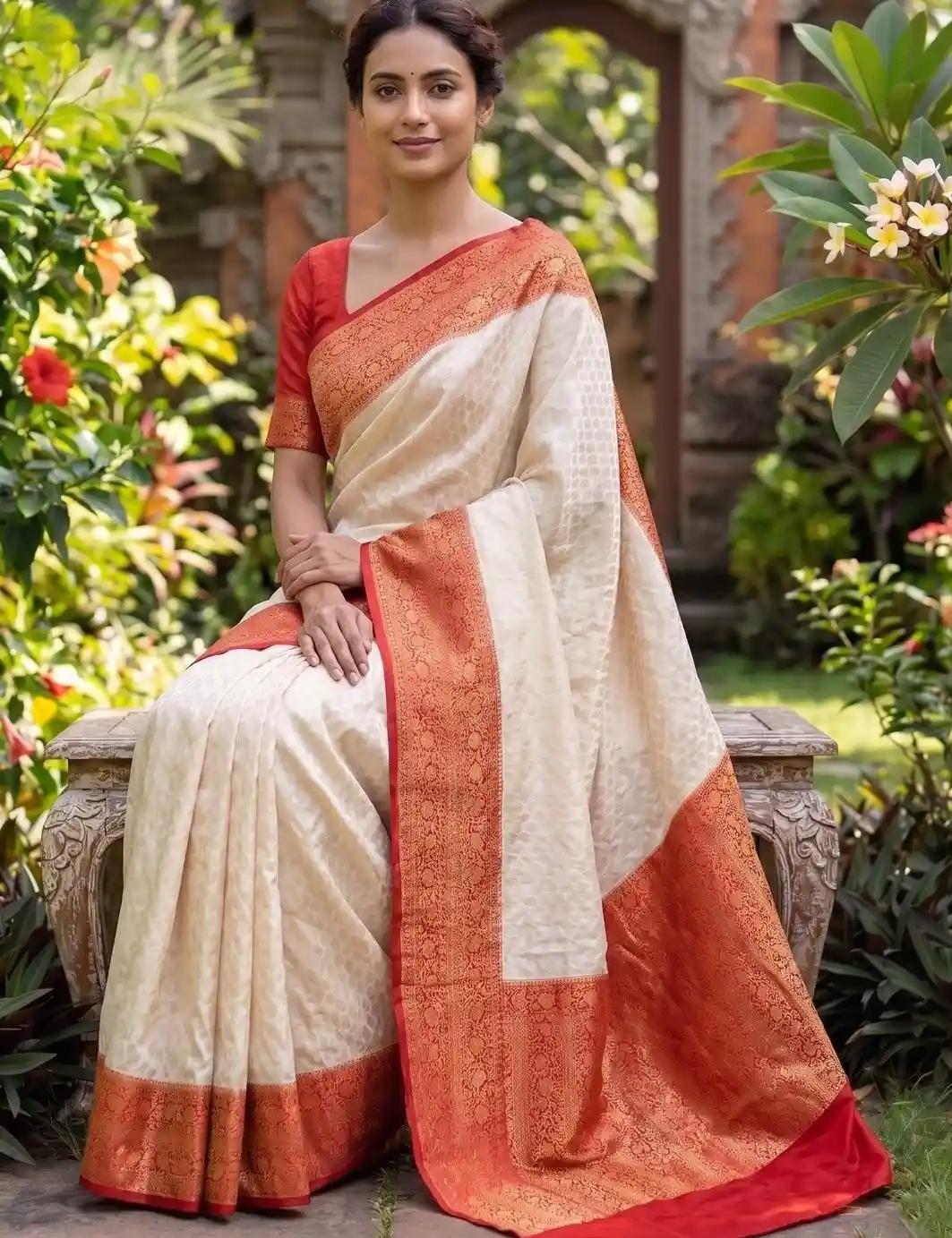 White Saari With Orange Color Border Print and Orange Blouse