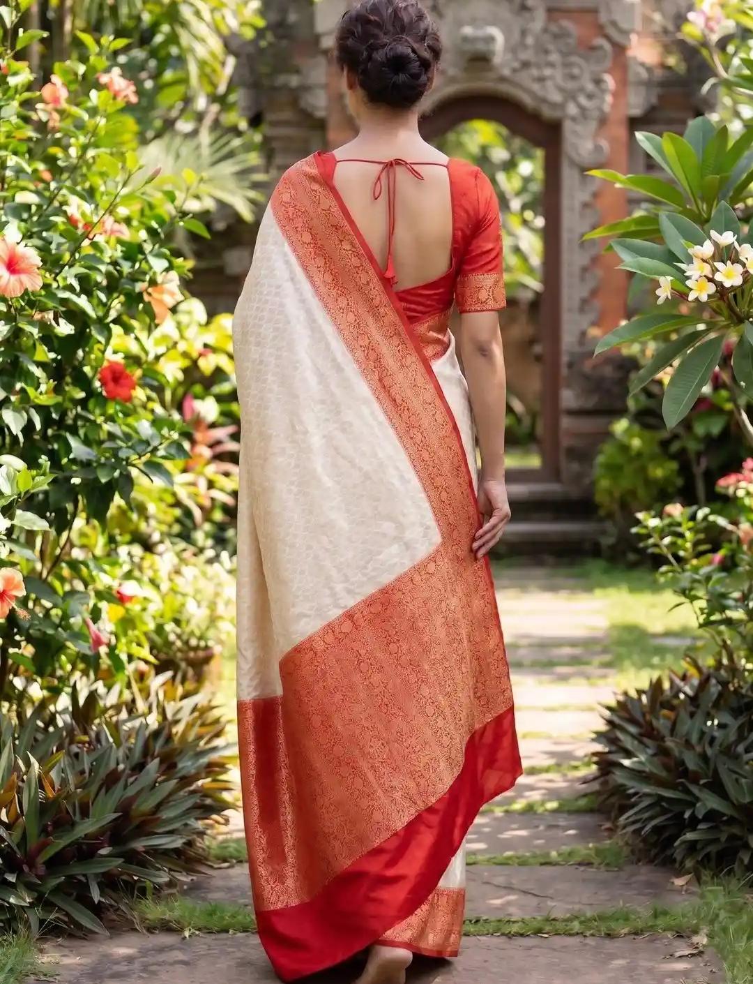White Saari With Orange Color Border Print and Orange Blouse