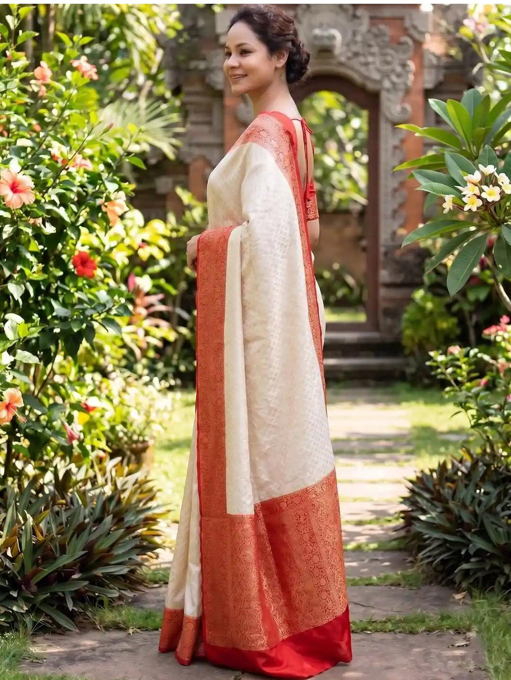 White Saari With Orange Color Border Print and Orange Blouse
