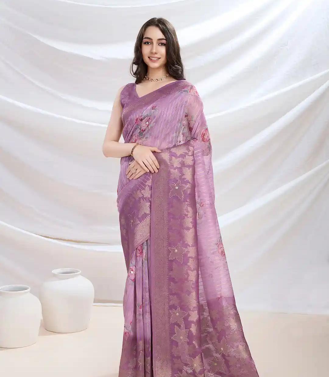 Light Purple Net Saari With Embroidery