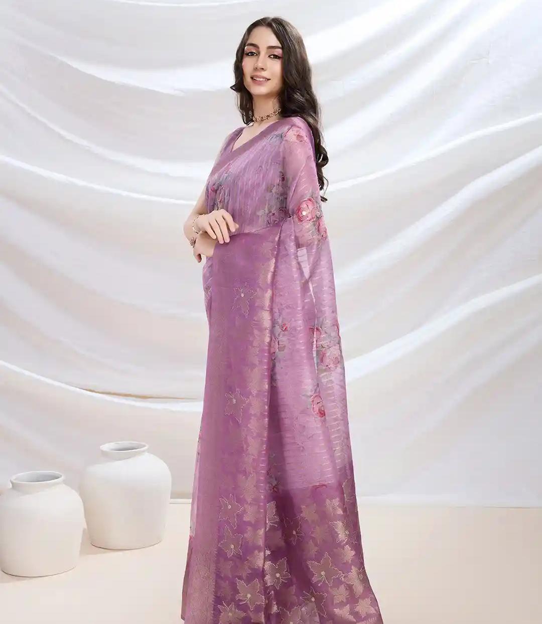 Light Purple Net Saari With Embroidery