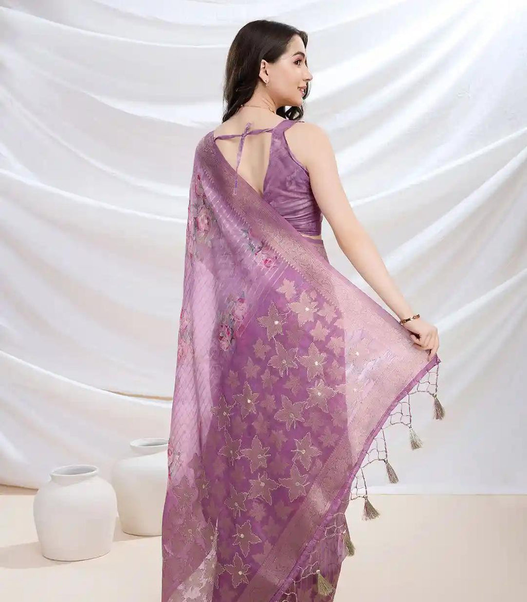 Light Purple Net Saari With Embroidery