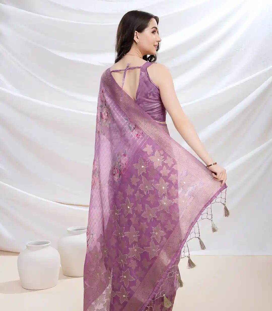 Light Purple Net Saari With Embroidery