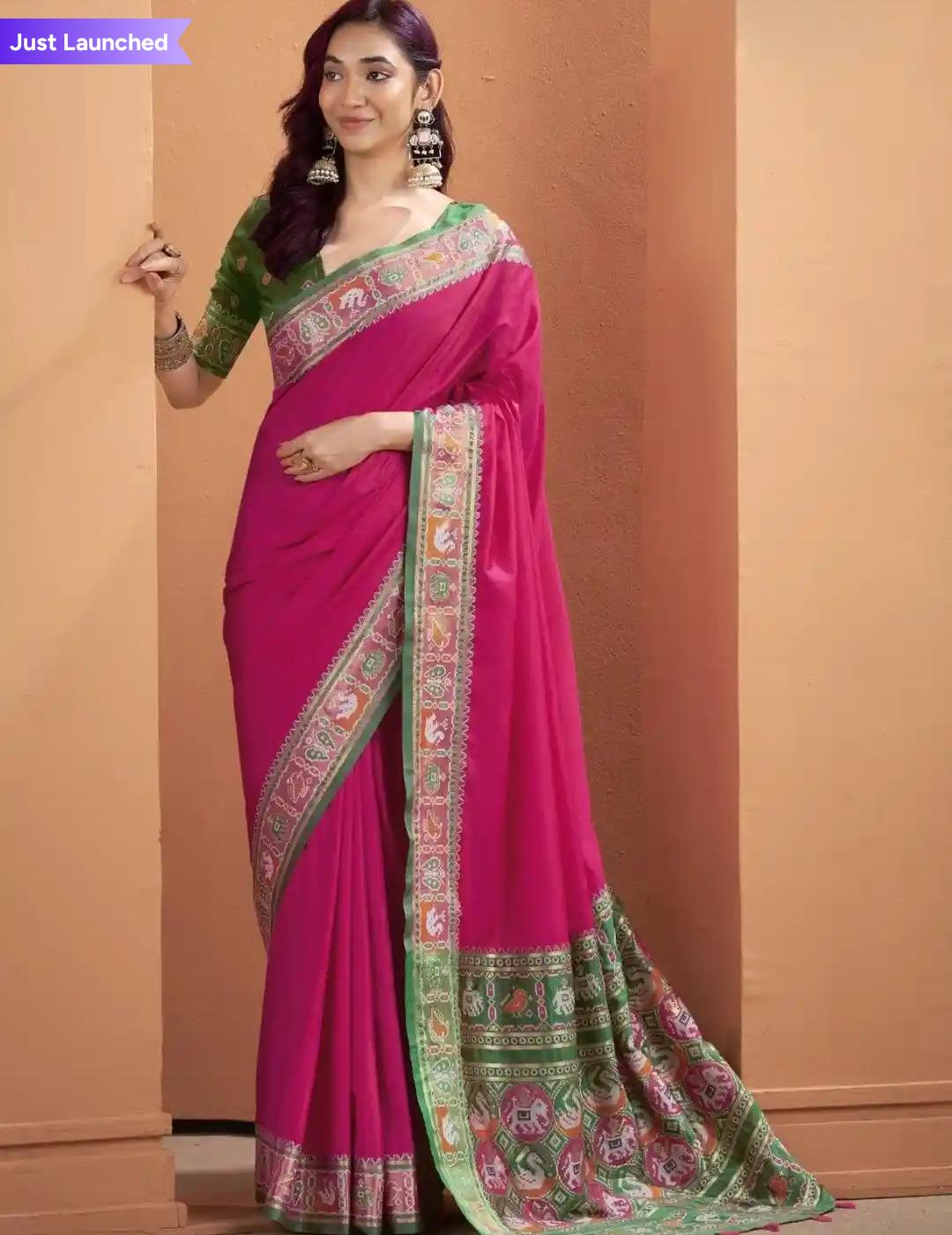 Rose Pink Saari With Green Blouse And Embroidery Border