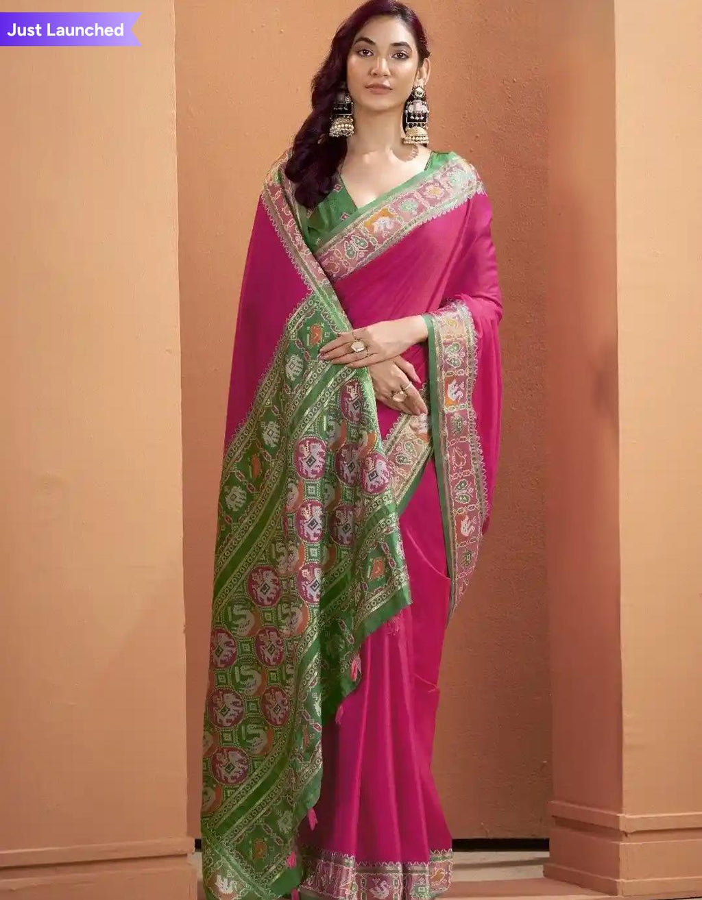 Rose Pink Saari With Green Blouse And Embroidery Border