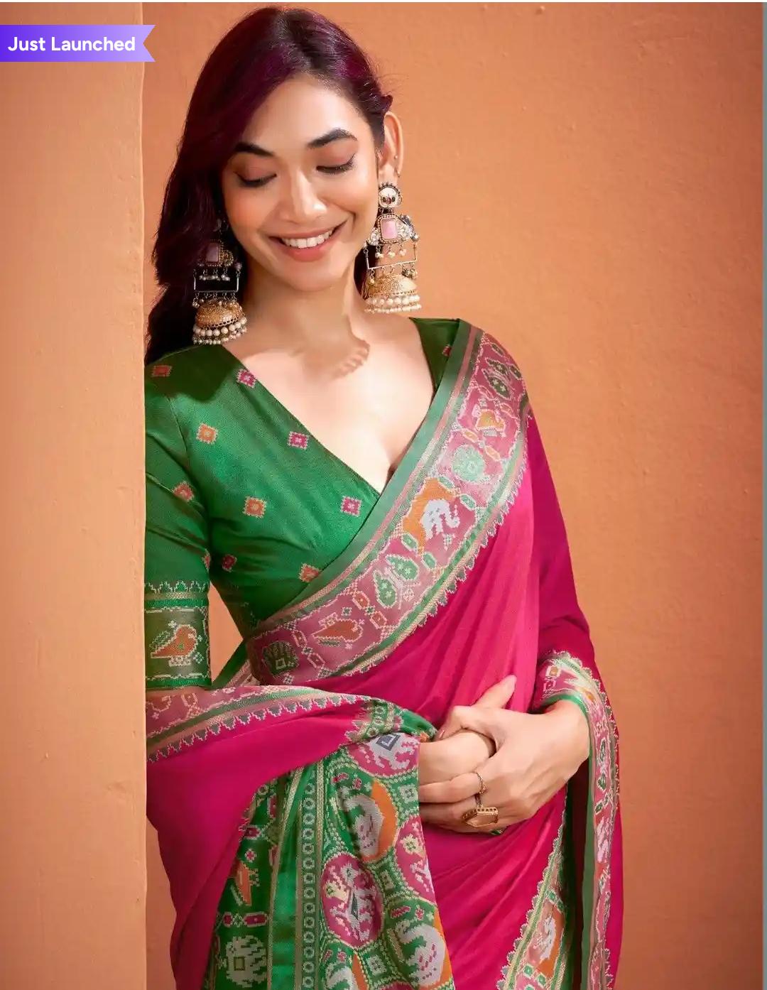 Rose Pink Saari With Green Blouse And Embroidery Border