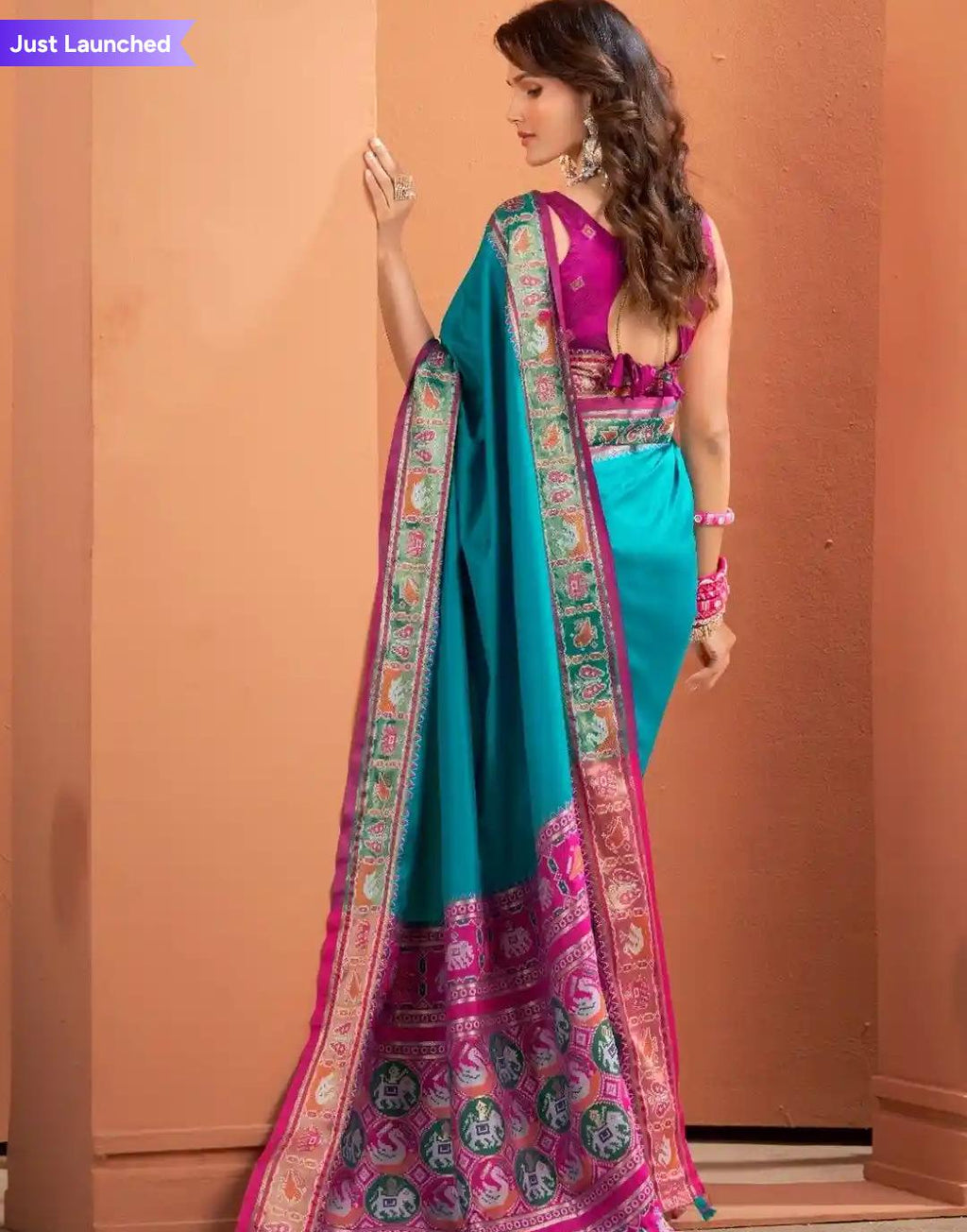 Blue Silk Saari With Purple Embroidery Border And Purple Blouse