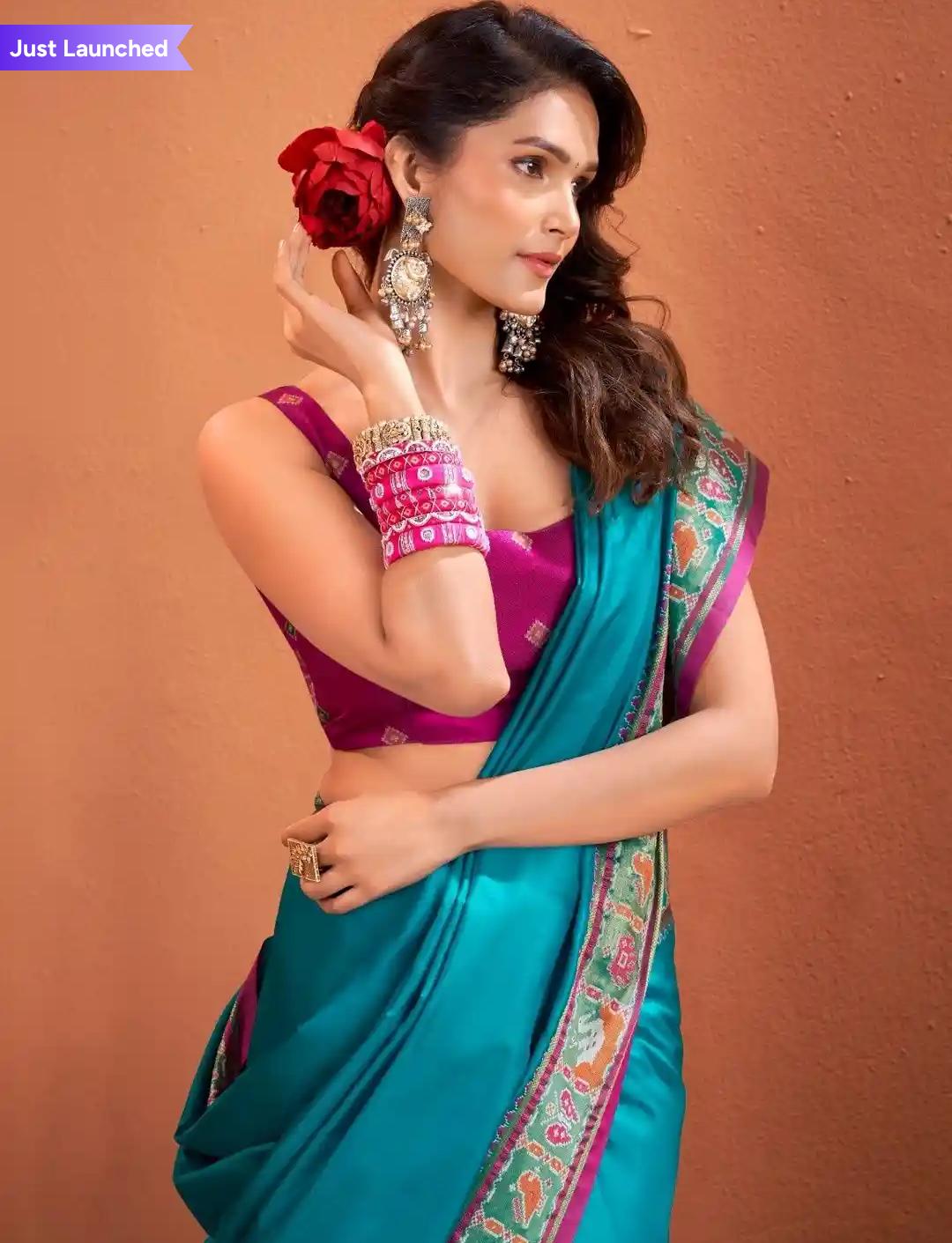 Blue Silk Saari With Purple Embroidery Border And Purple Blouse